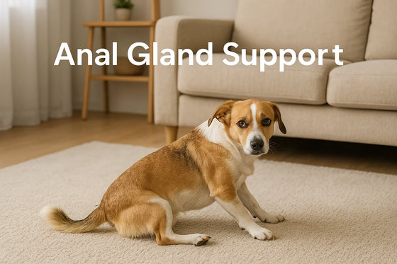Dog scooting on a beige carpet with the words "Anal Gland Support" for Natty Nootz natural anal gland health guide
