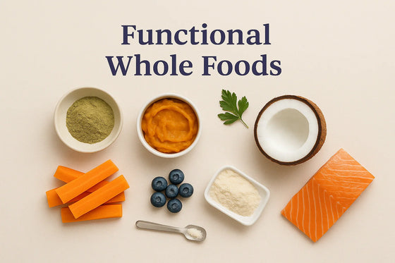 Editorial 3:2 horizontal flat-lay of functional whole foods including salmon, egg, blueberries, spinach, pumpkin purée, and parsley on a neutral background with the title ‘Functional Whole Foods.