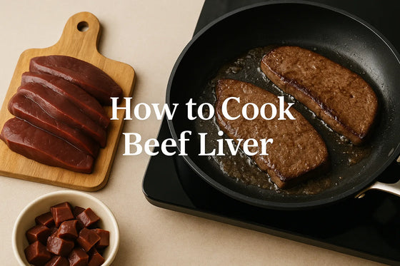 How to cook beef liver — raw slices on a cutting board next to liver cooking in a pan, editorial food image for Natty Nootz.