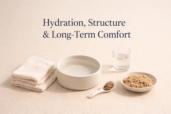 Hydration, Structure & Long-Term Comfort — editorial feature image showing water bowl, glass of water, and gently preserved food on a neutral background