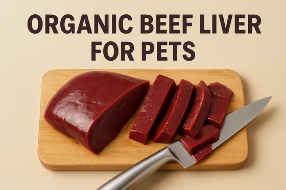 Organic beef liver for pets sliced on a cutting board — nutrient-rich whole-food ingredient for dogs and cats.