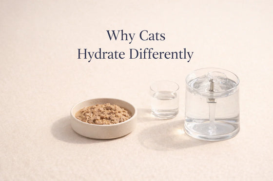 Why Cats Hydrate Differently — editorial feature image showing wet cat food, a glass of water, and a minimalist water fountain on a neutral background