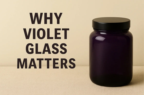 Luxury editorial feature image showing a deep violet glass jar on a neutral beige background with the title Why Violet Glass Matters in clean dark typography.