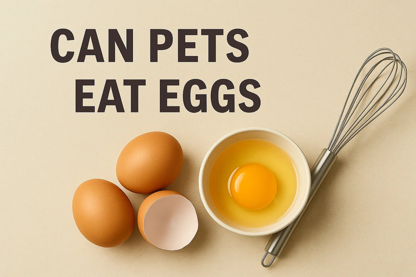 Photo-real feature image showing three whole brown eggs, a cracked egg in a small bowl, and a stainless steel whisk on a soft beige background with the title CAN PETS EAT EGGS in clean dark editorial typography.