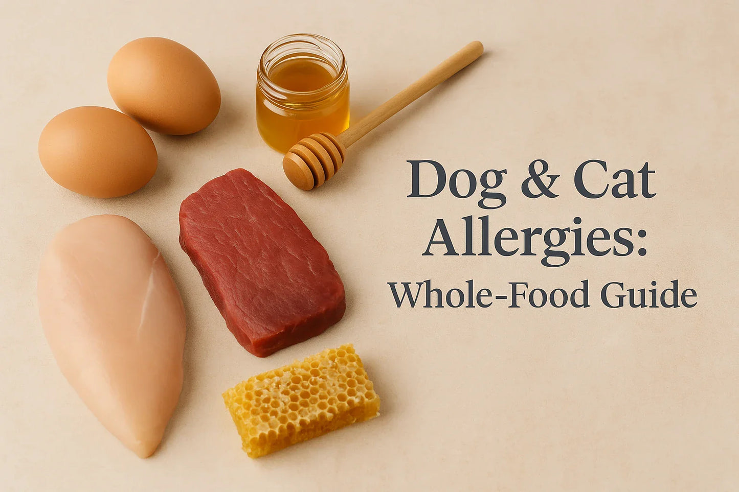Whole-food ingredients including honey, eggs, and lean proteins arranged on a neutral beige backdrop with the title ‘Dog & Cat Allergies: Whole-Food Guide’ in Natty Nootz editorial style.