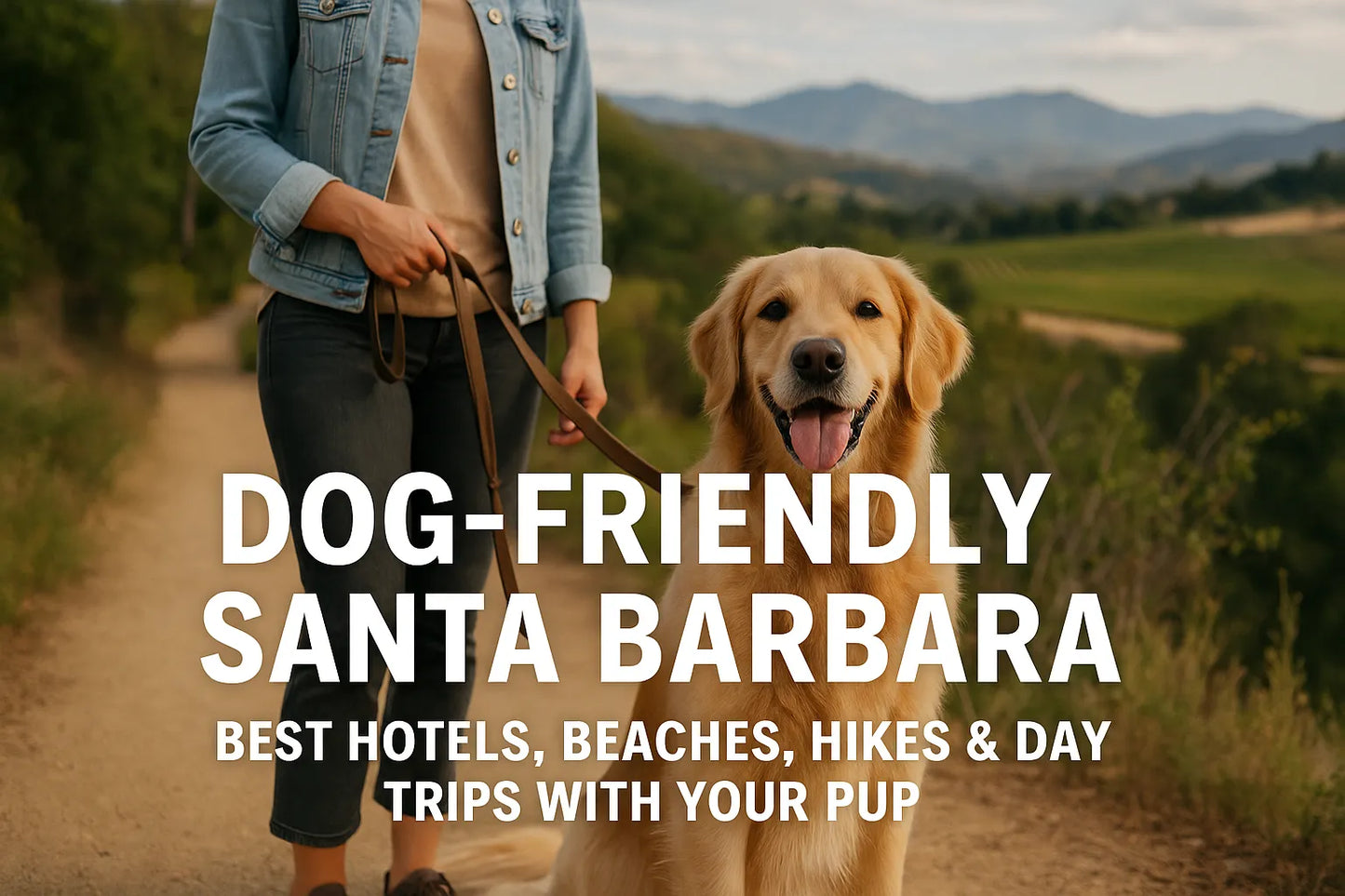 "Golden Retriever on a scenic Santa Barbara hiking trail beside owner, with mountains and vineyards in the background — feature image for dog-friendly Santa Barbara travel guide."