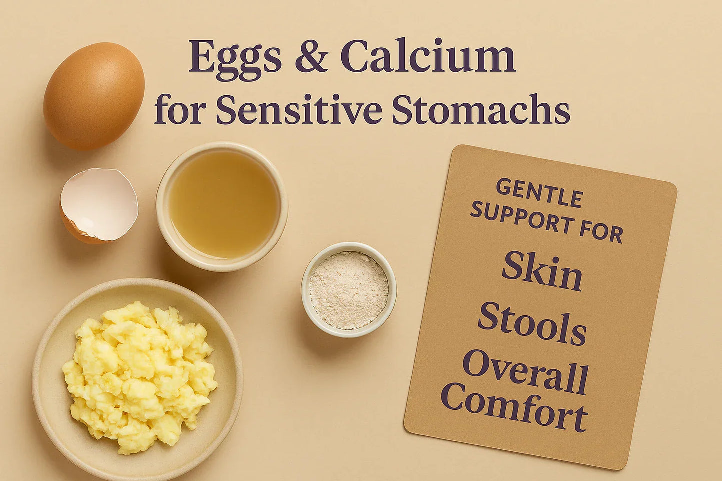 Whole-food flat-lay of scrambled eggs, eggshell powder, and egg broth on a beige background with the title Eggs and Calcium for Sensitive Stomachs in a clean editorial style.