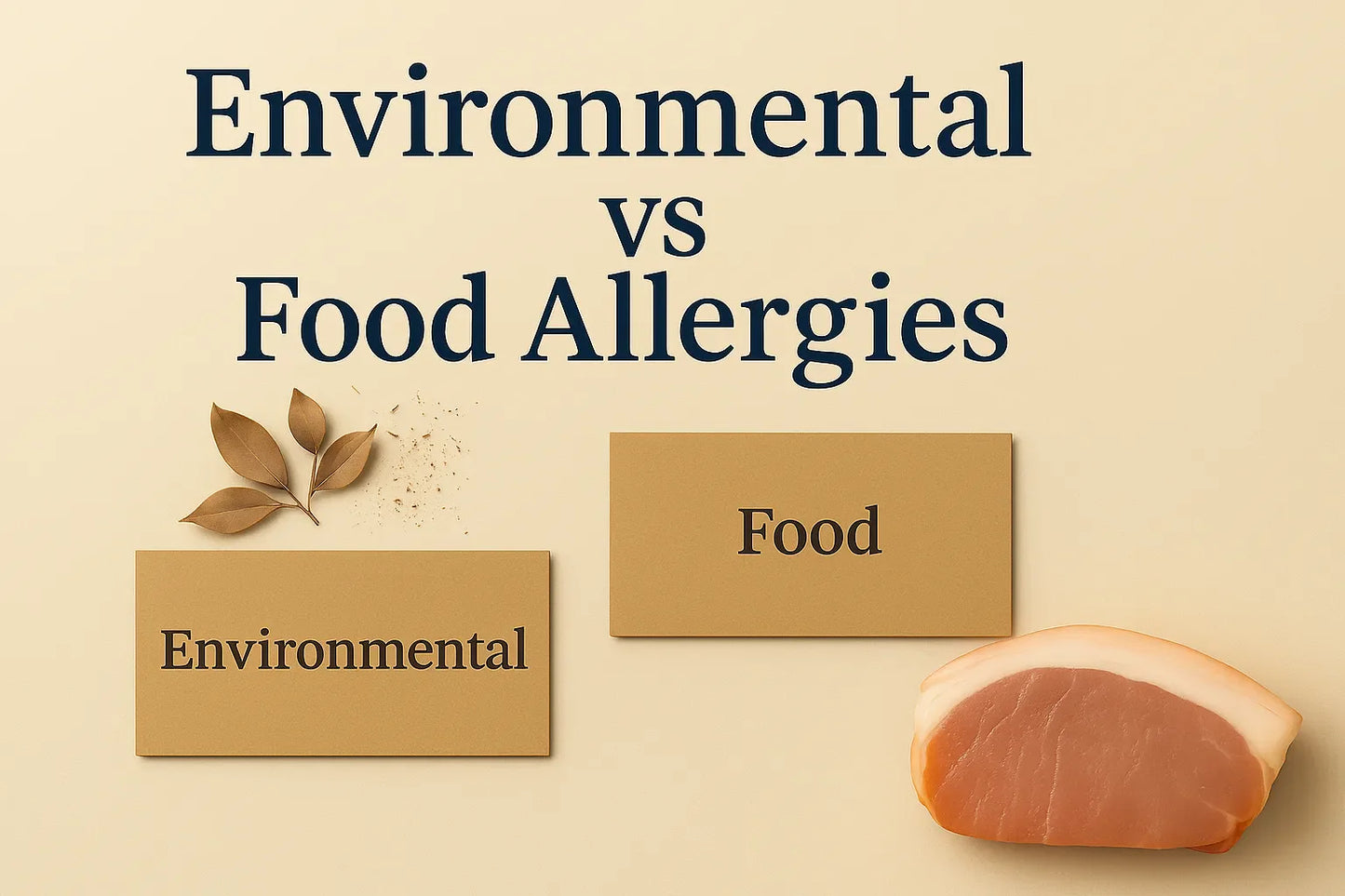 Environmental vs food allergies comparison image with kraft cards and whole-food elements on a beige background, Natty Nootz style.