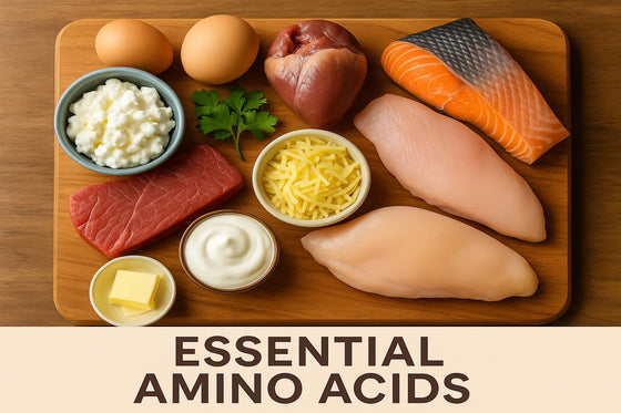 Essential amino acids fresh food editorial layout with high-quality animal proteins displayed on a wooden cutting board for pet nutrition.