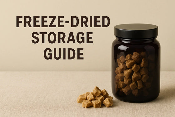 Freeze-dried dog and cat treats displayed in a sealed violet glass jar on a neutral beige surface, with the title Freeze-Dried Storage Guide in luxury editorial styling.
