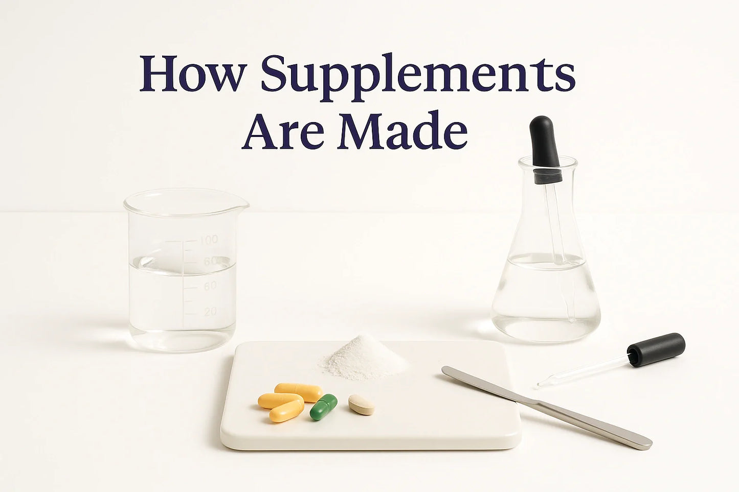 Clinical lab-style editorial image featuring glass beakers, droppers, white powders, and capsules arranged on a clean white background with the title ‘How Supplements Are Made.