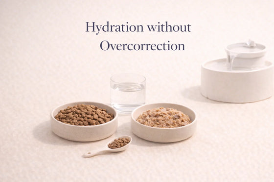 Hydration without overcorrection — editorial feature image illustrating water bowls and gentle hydration cues in a calm, neutral setting