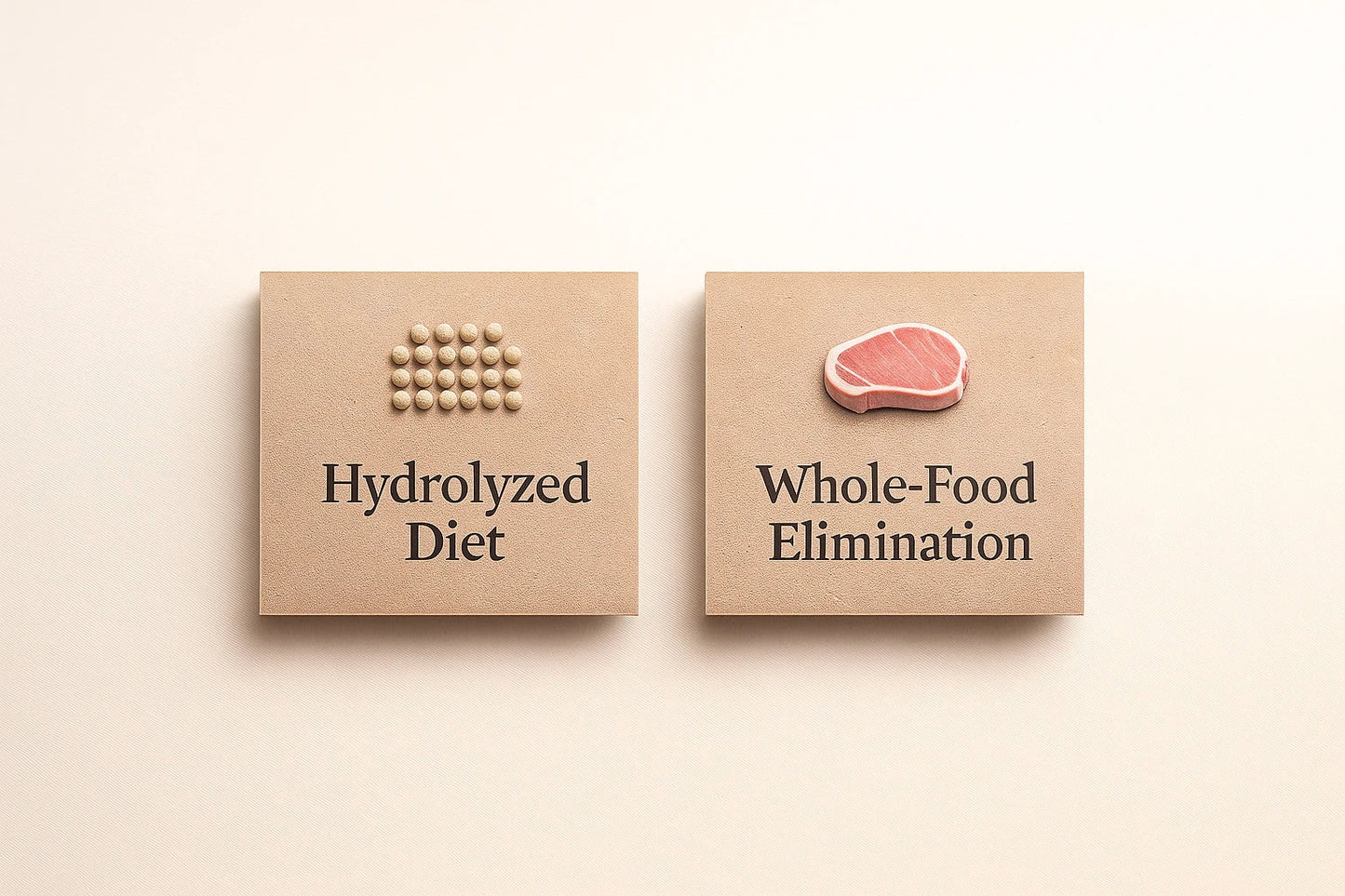 Editorial flat-lay comparing hydrolyzed diets and whole-food elimination on beige background with kraft cards — Natty Nootz allergy guide.