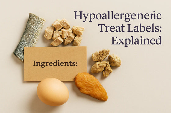 Editorial whole-food arrangement with freeze-dried treats, fish skin, egg, and a kraft card reading ‘Ingredients:’ on a neutral beige backdrop, alongside the title ‘Hypoallergenic Treat Labels: Explained’ in Natty Nootz’s premium style.