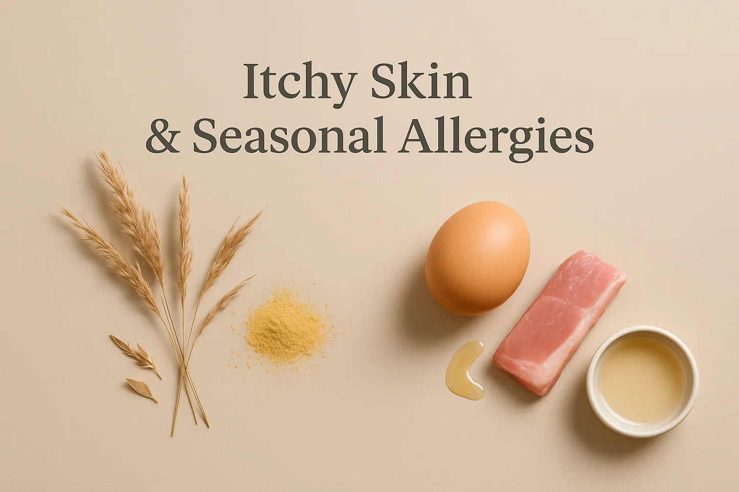 Itchy skin and seasonal allergies visual guide for dogs and cats presented with natural pollen and grass elements on a beige background