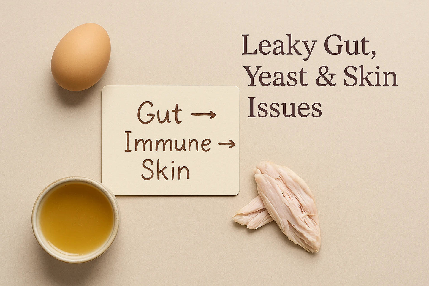 Editorial flat-lay of whole-food ingredients—egg, broth, soft cooked protein—and a kraft card labeled ‘Gut → Immune → Skin’ on a beige background with the title ‘Leaky Gut, Yeast & Skin Issues’ in Natty Nootz’s premium style.