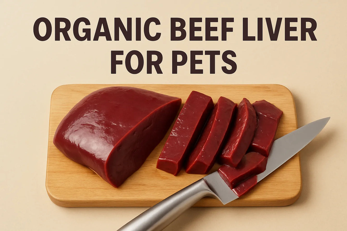 Organic beef liver for pets sliced on a cutting board — nutrient-rich whole-food ingredient for dogs and cats.