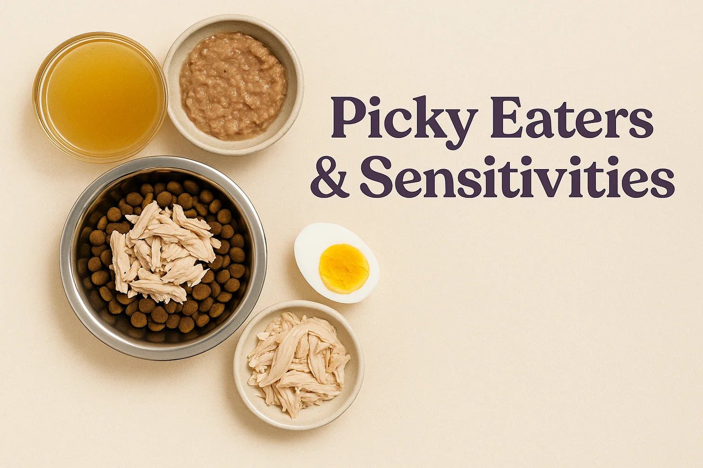 Editorial whole-food flat lay with broth, shredded meat, soft food, and an egg on a neutral beige backdrop with the title ‘Picky Eaters & Sensitivities’ in Natty Nootz’s luxury style.
