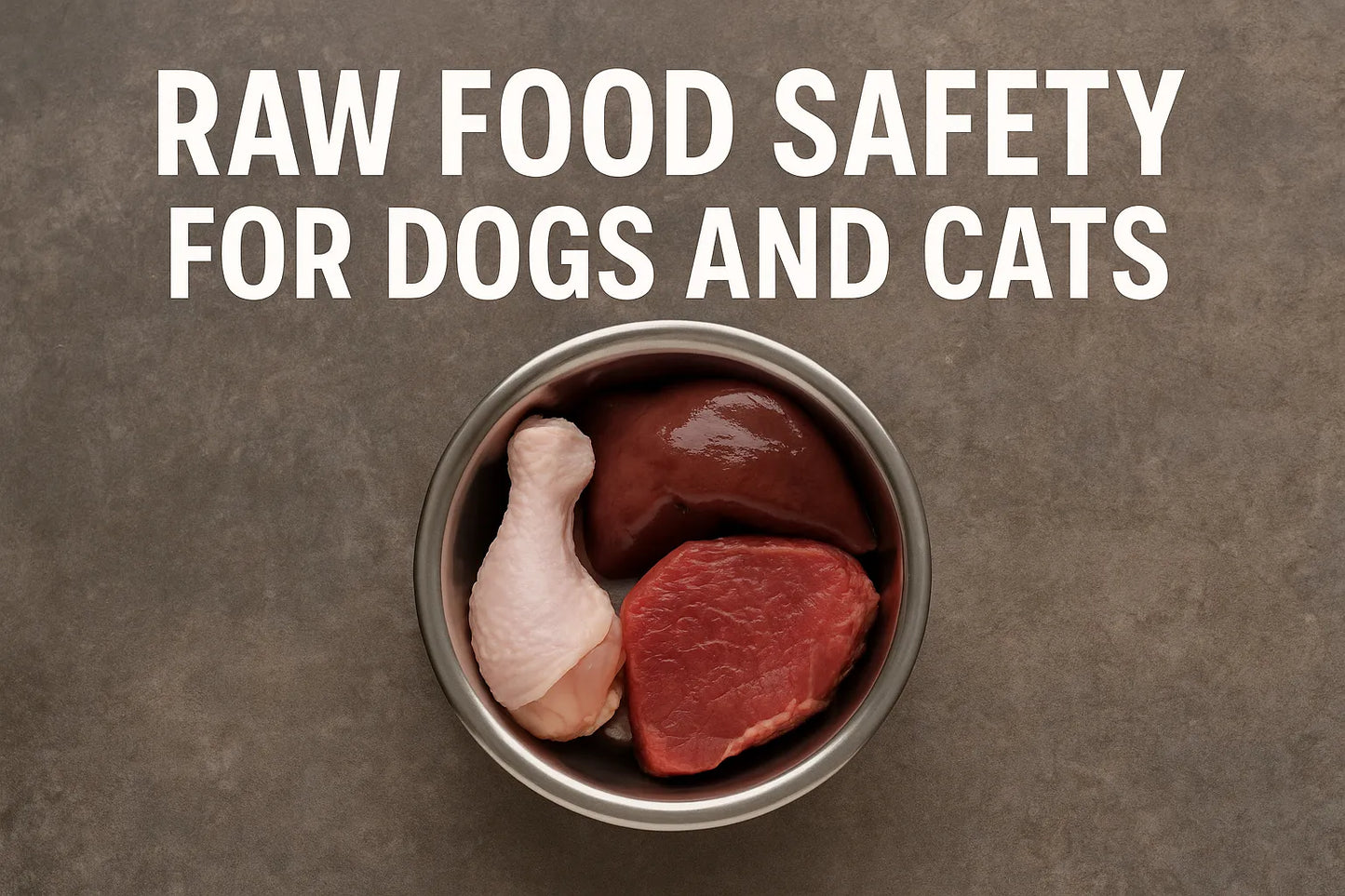 Raw food safety for dogs and cats — stainless steel pet bowl filled with raw meats on a stone background.