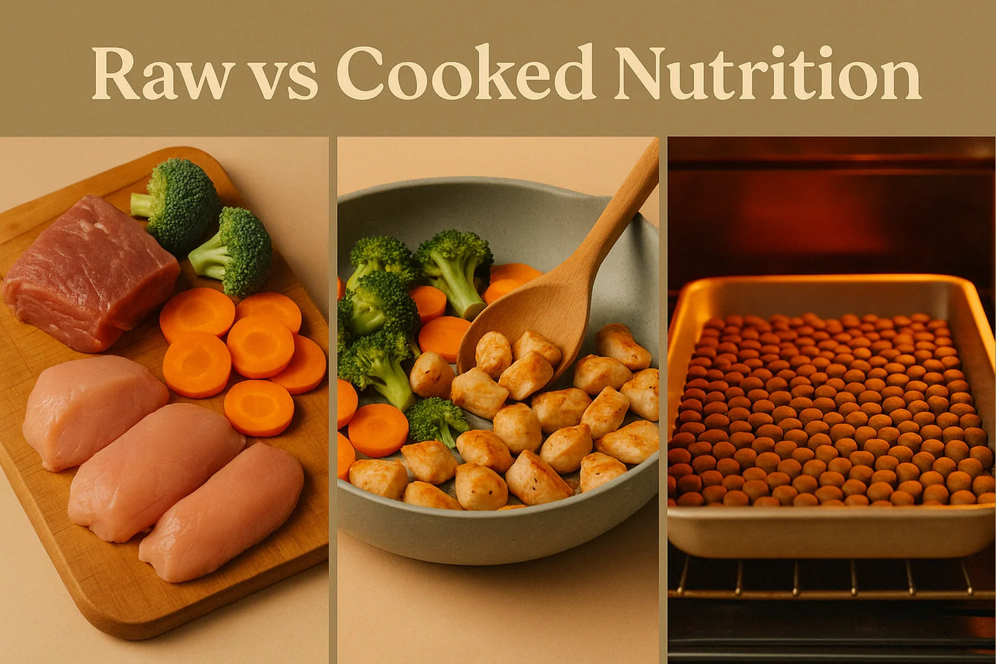 Raw vs Cooked Nutrition feature image showing raw meat and vegetables on a cutting board, gently cooked pieces in a pan, and kibble baking on a tray, in a warm beige editorial style.