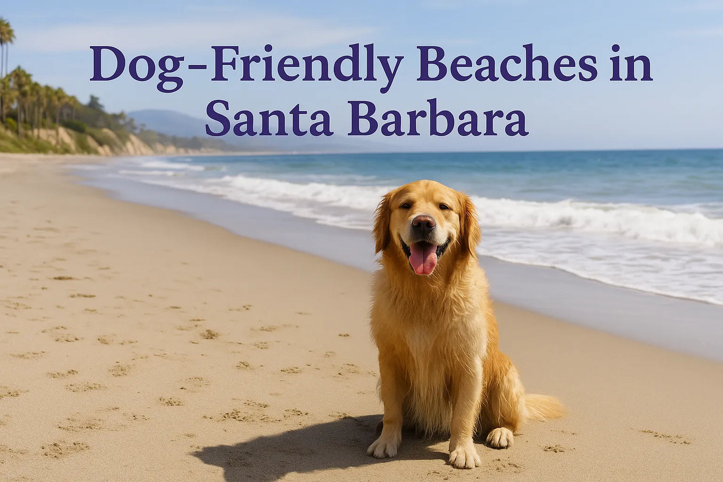 Dog walking on a Santa Barbara beach at golden hour with ocean waves and cliffs — dog-friendly beaches guide cover image.