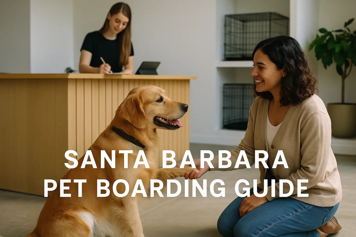Dog being checked in at a Santa Barbara pet boarding facility — clean, professional environment and natural light.