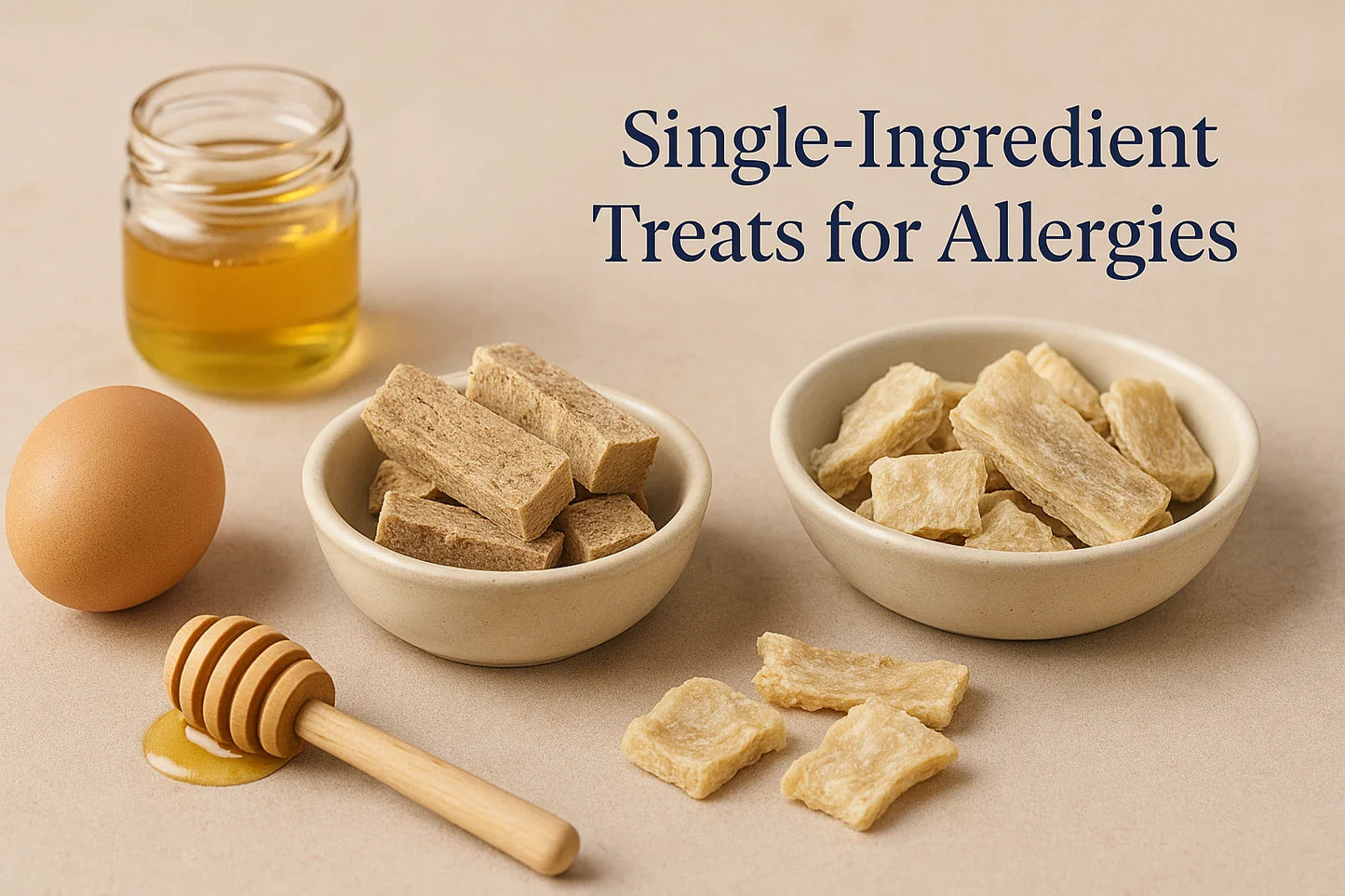 Editorial photo of single-ingredient freeze-dried pet treats, eggs, and honey arranged on a neutral beige backdrop with the title ‘Single-Ingredient Treats for Allergies’ in Natty Nootz’s premium style.