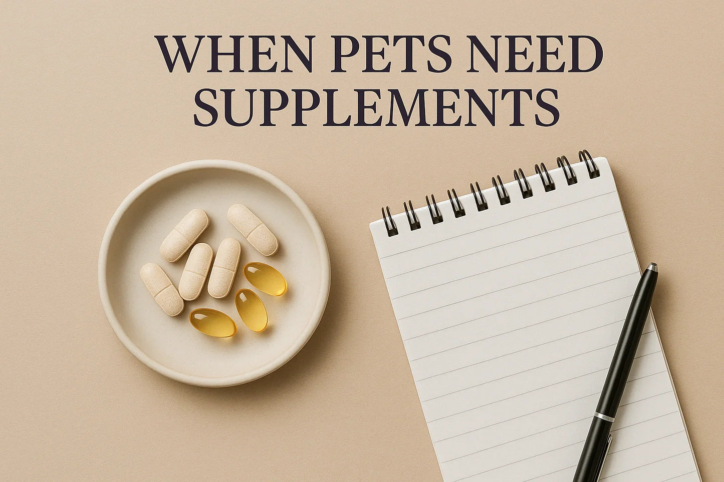 Editorial image with a notepad, pen, and supplement containers on a neutral background with the title ‘When Pets Need Supplements,’ representing a vet-style guide to deciding when dogs and cats truly need supplements.