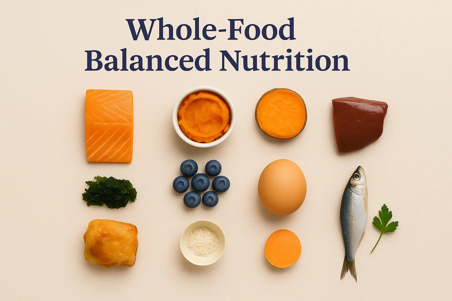 Editorial whole-food nutrition layout featuring salmon, sweet potato, egg, blueberries, sardine, eggshell calcium, parsley, and pumpkin purée arranged in a 3:2 horizontal flat lay with the title ‘Whole-Food Balanced Nutrition.