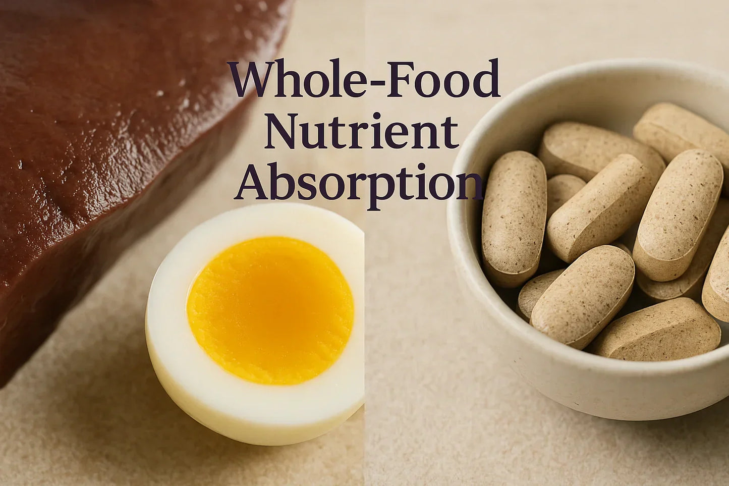Macro editorial image showing whole-food nutrient sources like liver and egg contrasted with supplement tablets in a bowl, representing whole-food nutrient absorption.