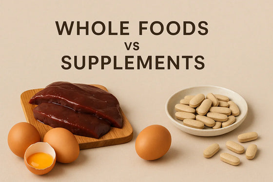 Editorial image comparing whole foods and supplements for pet nutrition, featuring beef liver, eggs, and supplement tablets on a neutral beige backdrop.