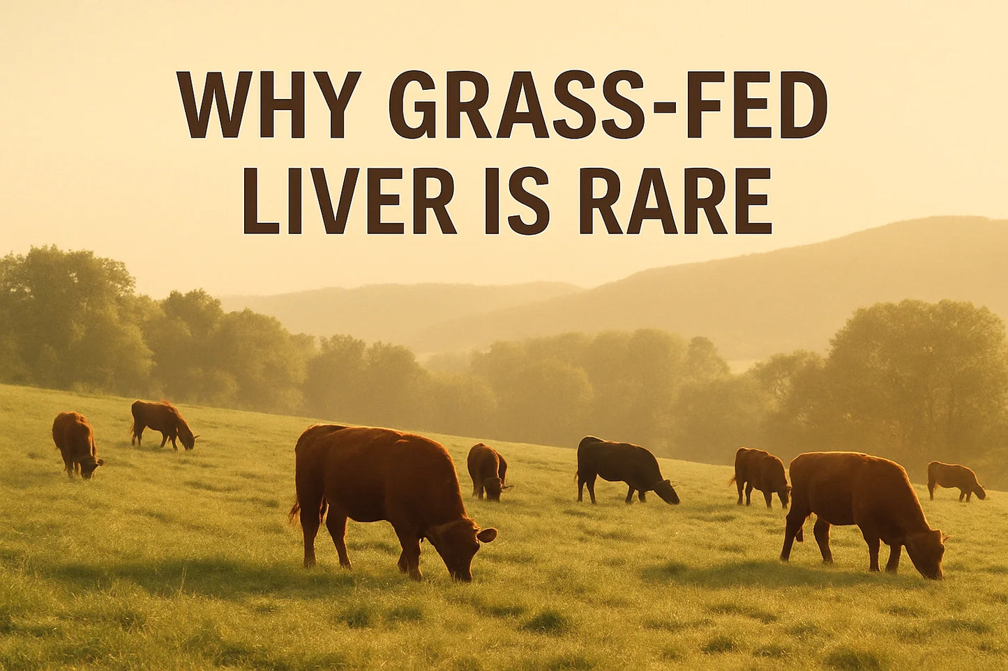 Organic grass-fed cattle grazing on open American pasture at sunrise, used as a luxury feature image for Natty Nootz’s article on why true grass-fed beef liver treats are so rare.