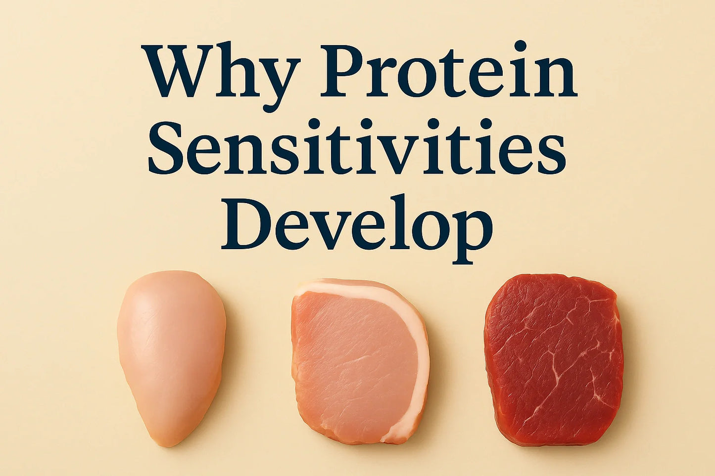 Raw chicken pork and beef on a beige background with the title Why Protein Sensitivities Develop in a clean minimal editorial style