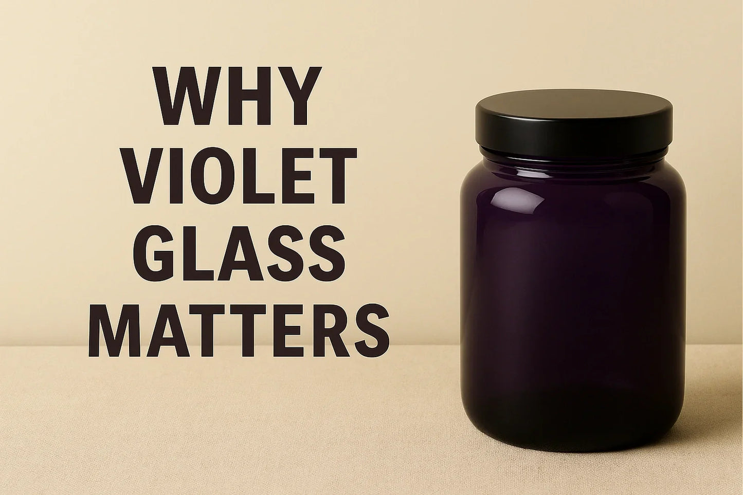 Luxury editorial feature image showing a deep violet glass jar on a neutral beige background with the title Why Violet Glass Matters in clean dark typography.